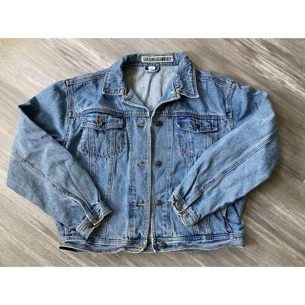 Vintage 80s Paris Sports Club Denim Jean Jacket Embroidered Back Large